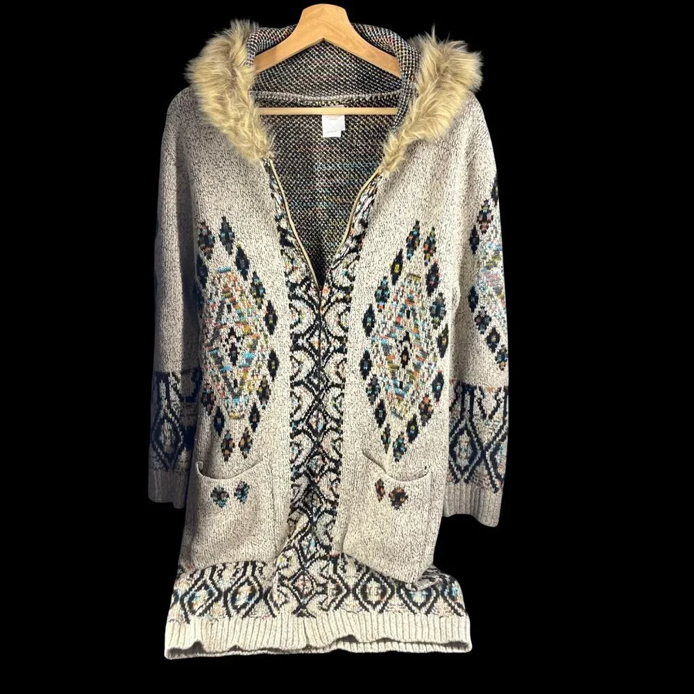 Northern Angel Bohemian Tribal Pattern Hooded Cardigan with Faux Fur Trim Size S - Picture 1 of 5